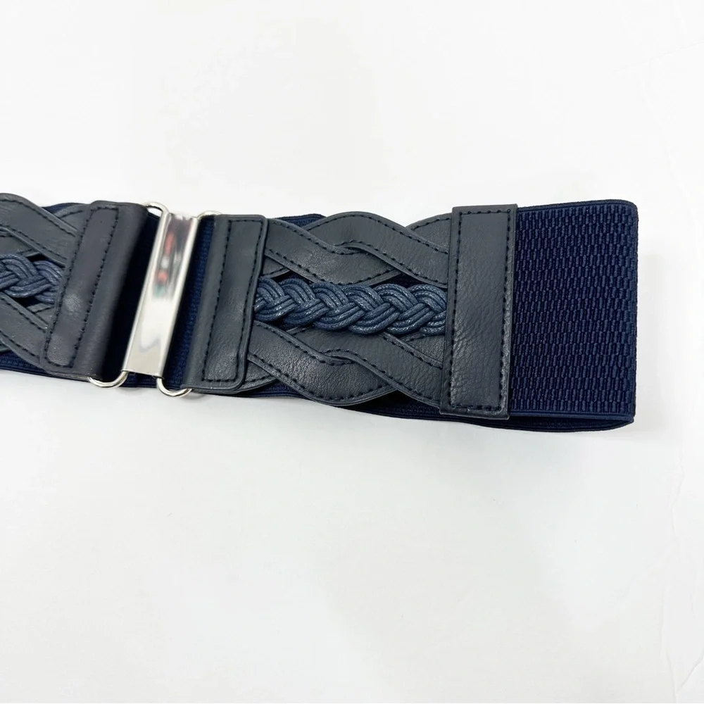 2/$30 NEW Elastic Wide Waist Belt Braided Navy Blue